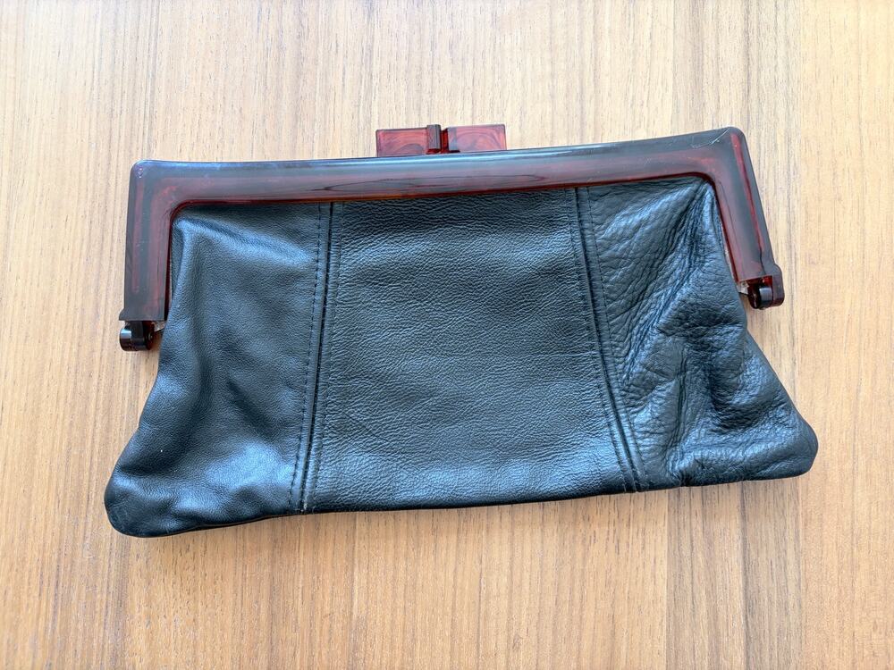 Vintage Black Leather Clutch Tortoiseshell Frame Kiss Lock Purse